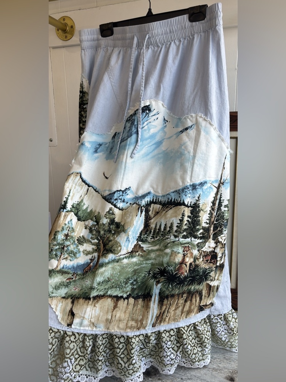 Romantic Garden Long Linen Blend Maxi Skirt Lace Trim Ruffle Print Patchwork - Picture 5 of 11